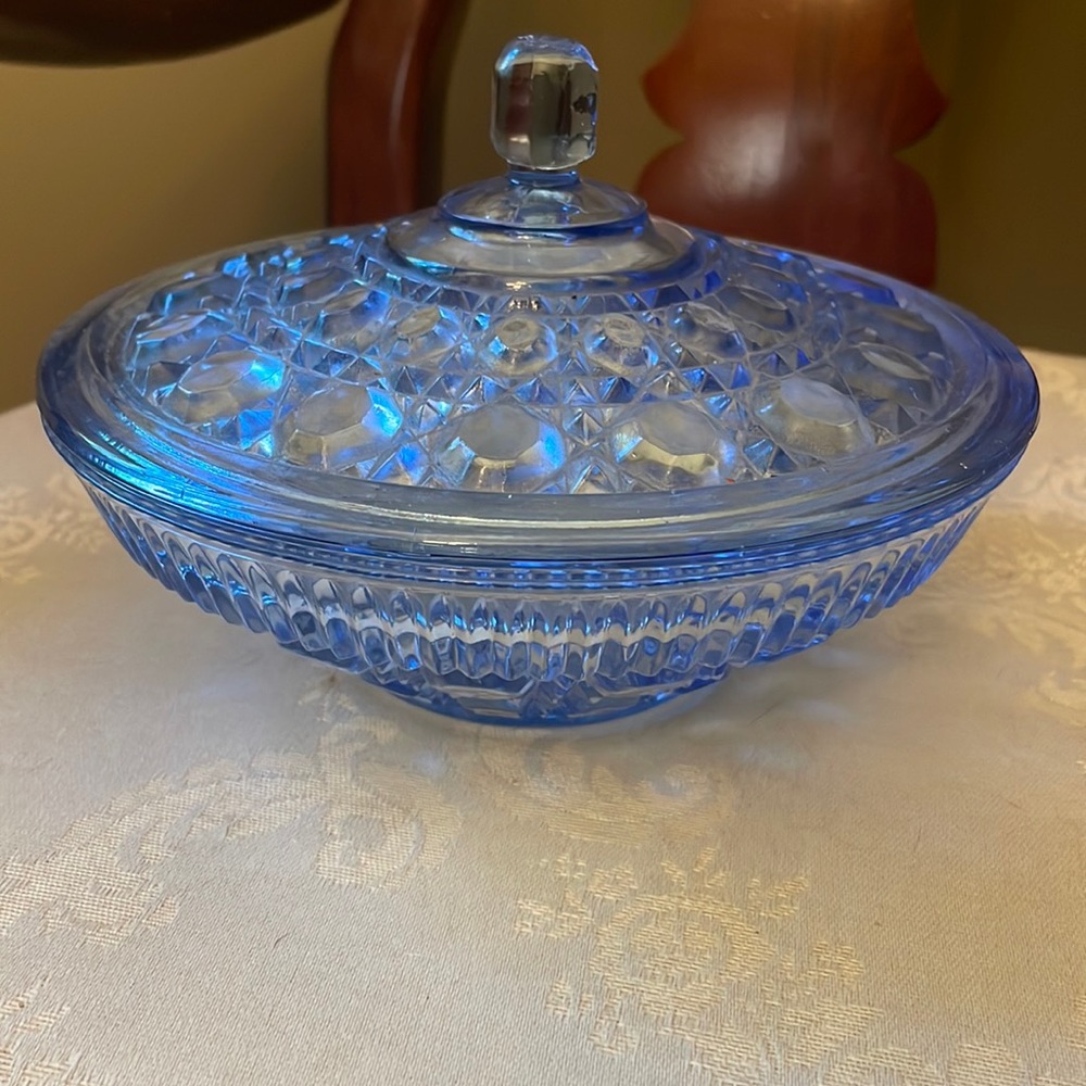 Indiana Glass Windsor Periwinkle Blue Button and Cane pattern candy dish